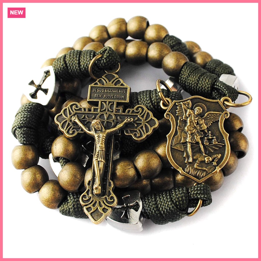 Large Heavy Antique Bronze Paracord Rosary Necklace With St. Michael Center
